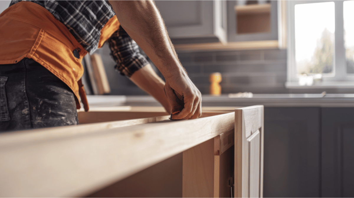 A woodworker installing custom cabinets