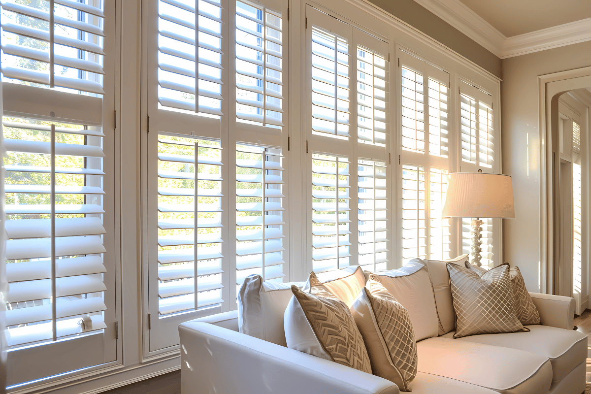 A living room with plantation shutters